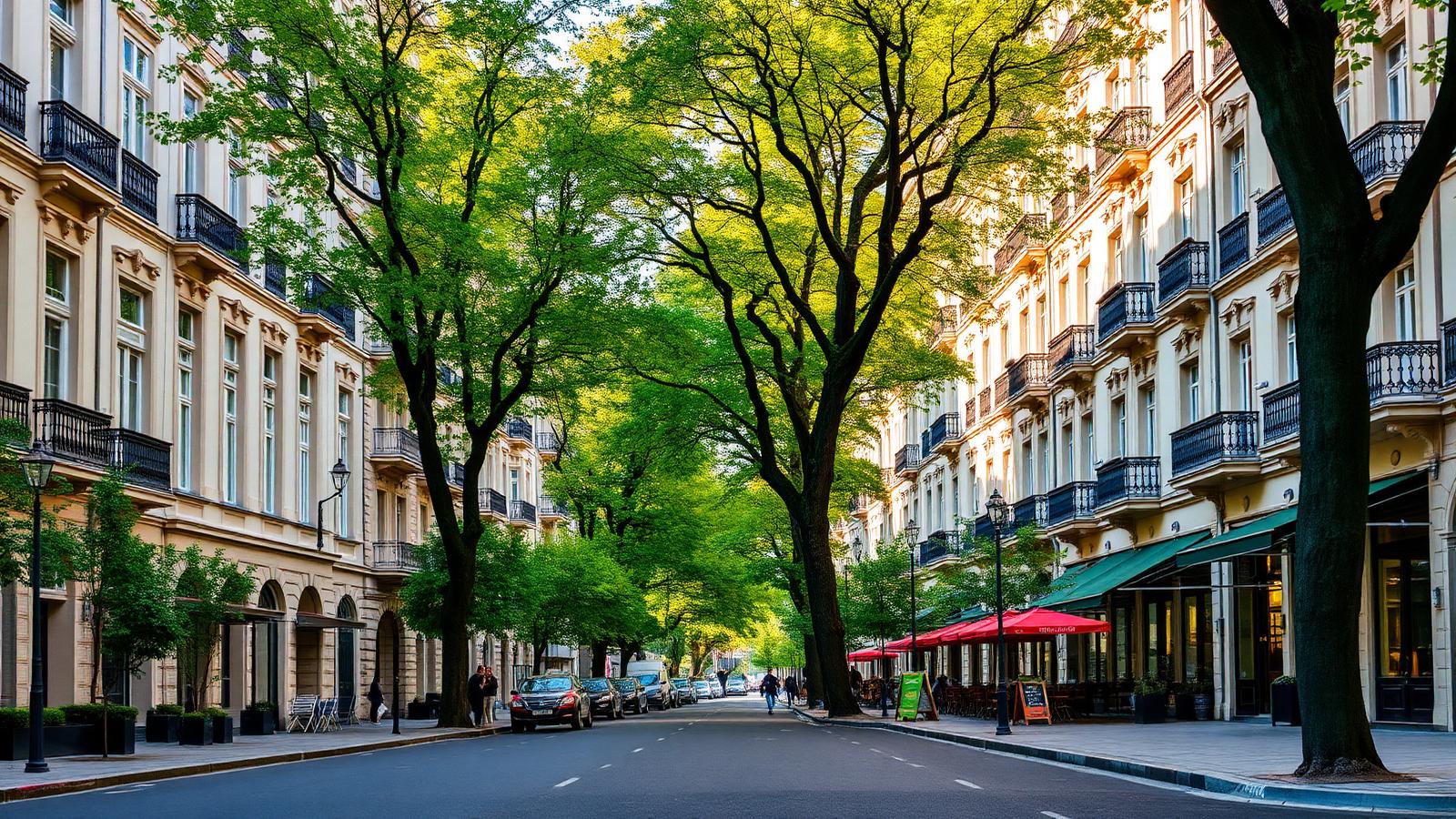 Baumbestandene Straße mit Altbaufassaden und Cafés in Essen-Rüttenscheid
