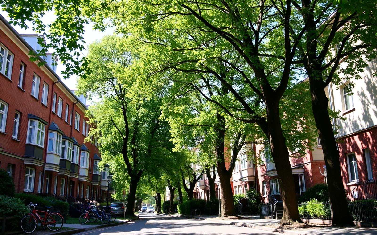 Baumgesäumte Wohnstraße mit Altbauten in einem Essener Stadtteil