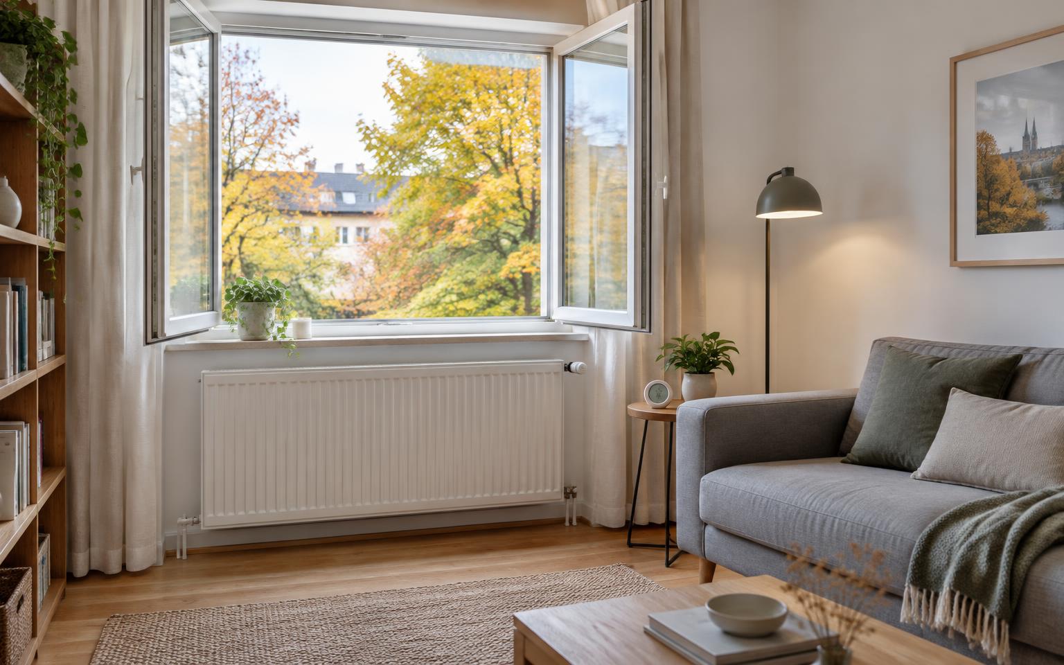 Illustration: Geöffnetes Fenster und freier Heizkörper in einer Wohnung im Herbst