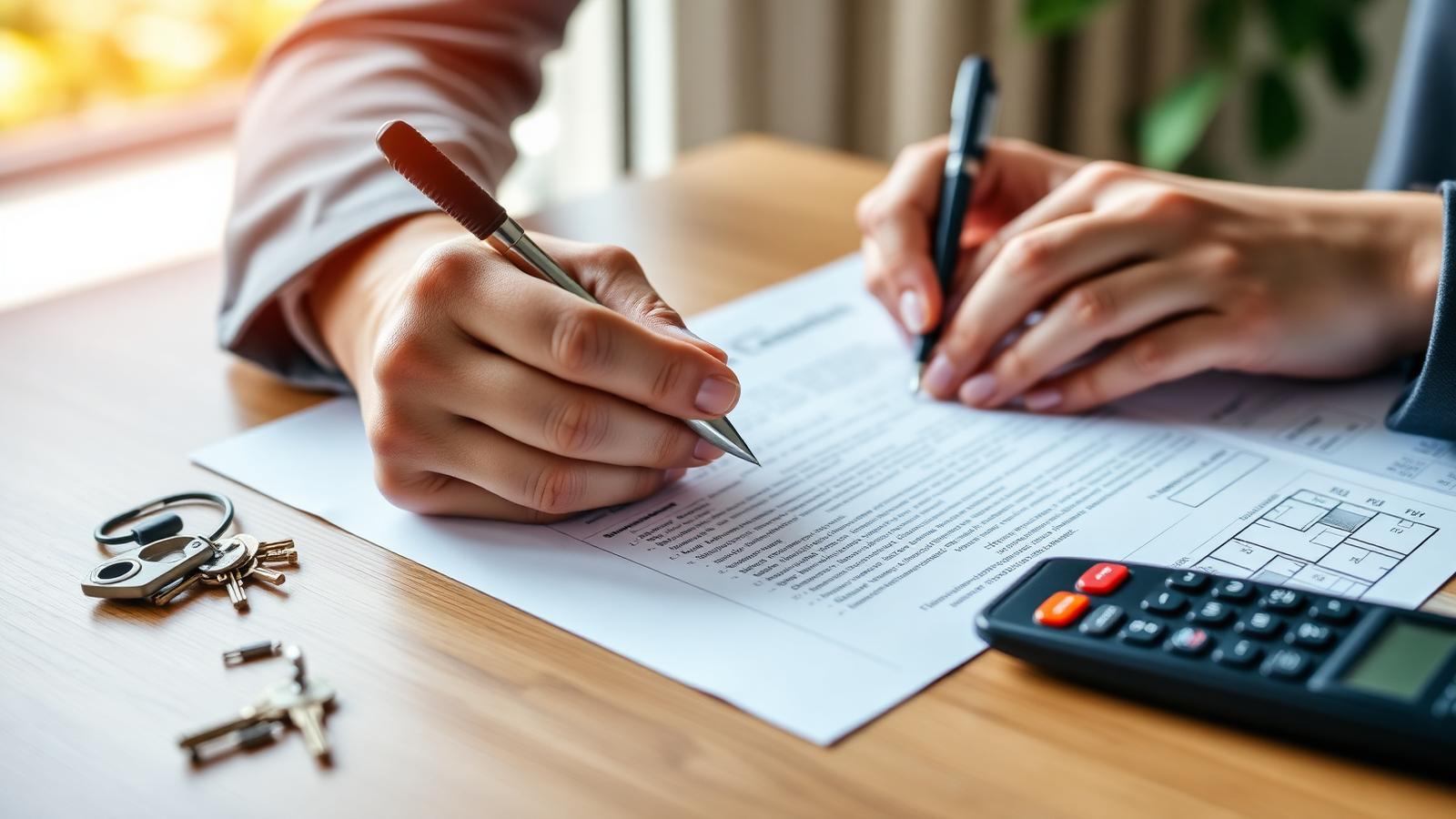 Unterzeichnung eines Immobilienkaufvertrags mit Schlüsseln und Grundriss auf dem Tisch